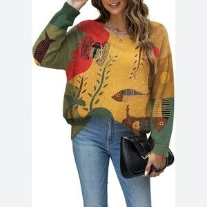 YESNO Wool Blend Sweater Nautical Graphic Oversized Pullover Bohemian -50 chest